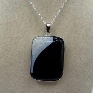 Black Agate Quartz Pendant Necklace Silver Chain